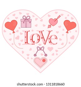 Balloons, keys, gift, heart pierced by an arrow, stitched heart with button in the shape of a heart. Inscription love with hearts. Birthday, Valentine's day vector background.