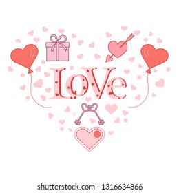 Balloons, keys, gift, heart pierced by an arrow, stitched heart with button in the shape of a heart. Inscription love with hearts. Birthday, Valentine's day vector background.