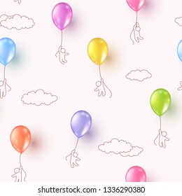 Balloons with kids flying on pink cloudy sky background. Vector colorful ballons seamless patern for Happy birthday party design.