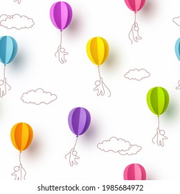 Balloons with kids flying on white cloudy sky background. Vector 3d colorful paper ballons seamless pattern for Happy children's day, birthday party or baby design