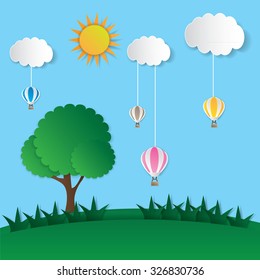 Balloons landing in the countryside, vector