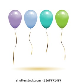 Balloons in lilac purple, pastel blue, mint, lime green colour with 4 styles separate gold ribbons. Isolated on white background with shadow, mockup template object. Realistic 3D vector illustration.