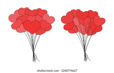 Balloons line heart. Many balloon red color. Vector illustration