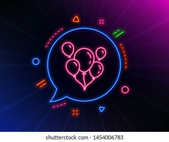 Balloons line icon. Neon laser lights. Amusement park or birthday party sign. Glow laser speech bubble. Neon lights chat bubble. Banner badge with balloons icon. Vector