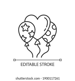 Balloons linear icon. Party celebration. Romantic valentine present. Bundle of floating balloons. Thin line customizable illustration. Contour symbol. Vector isolated outline drawing. Editable stroke