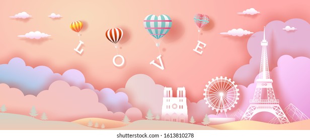 Balloons of love and Heart with eiffel tower in france, For valentine's day, wallpaper, flyer, card, posters, postcard, brochure, advertising, paper cut, Vector illustration on pink color background.