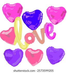 Balloons, love, Valentine's Day, festival, drawing, purple, pink, blue, yellow, orange, celebration, letters, bright.illustration ,painting 