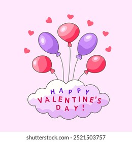 Balloons made of pink and purple flowers above a purple cloud with the inscription Happy VALENTINE'S DAY! on light purple square background with hearts. Greeting cards for women. Vector illustration.