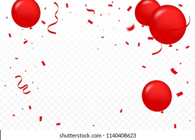 Balloons And Many Falling Tiny Red Confetti And Ribbon Isolated On Transparent Background. Vector