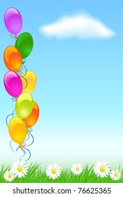 Balloons, meadow grass, sky and clouds