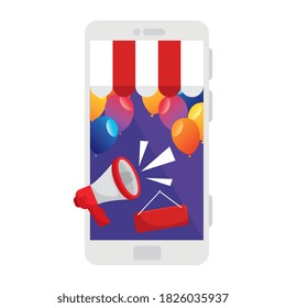 Balloons with megaphone and banner in smartphone design, Party celebration and entertainment theme Vector illustration