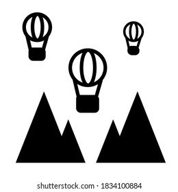 Balloons and mountains outline vector icon. Capadocia sign. Tourism concept. Adventure element. Flat simple line design illustration.