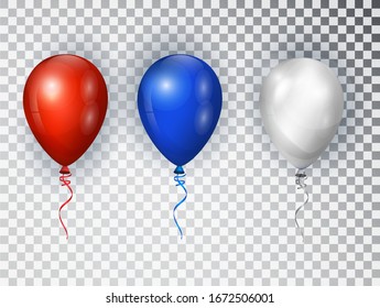 Balloons in national colors of the american flag isolated on transparent background. USA greeting design element. Vector elements for national holiday backgrounds or birthday party.