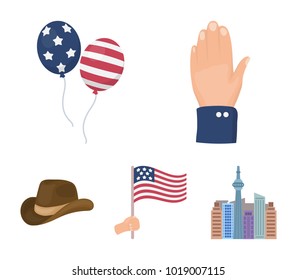 Balloons, national flag, cowboy hat, palm hand.Patriot day set collection icons in cartoon style vector symbol stock illustration web.