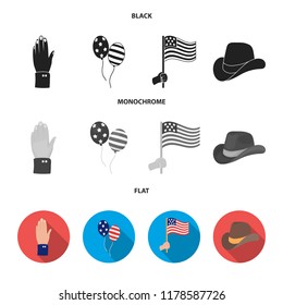 Balloons, national flag, cowboy hat, palm hand.Patriot day set collection icons in black, flat, monochrome style vector symbol stock illustration web.