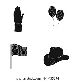 Balloons, national flag, cowboy hat, palm hand.Patriot day set collection icons in black style vector symbol stock illustration web.