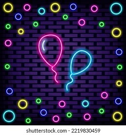 Balloons Neon Sign Vector. On brick wall background. Night advensing. Isolated on black background. Vector Illustration