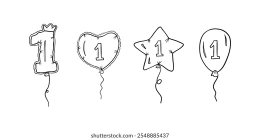 Balloons with number 1 in different shapes in outline style