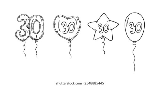 Ballons mit der Nummer 30 in verschiedenen Formen im Umrissstil