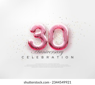 Globos número 30 con números rojos en un fondo rosa brillante. Vector premium para afiches, banner, saludo de celebración.