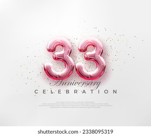 Balloons number 33rd with red numbers on a bright pink background. Premium vector for poster, banner, celebration greeting.