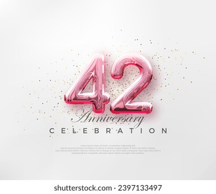 Globos número 42 con números rojos en un fondo rosa brillante. Vector premium para afiches, banner, saludo de celebración.