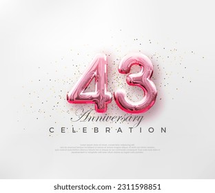 Balloons number 43rd with red numbers on a bright pink background. Premium vector for poster, banner, celebration greeting.