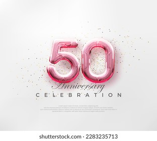 Globos número 50 con números rojos en un fondo rosa brillante. Vector premium para afiches, banner, saludo de celebración.