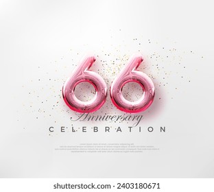 Globos número 66 con números rojos en un fondo rosa brillante. Vector premium para afiches, banner, saludo de celebración.