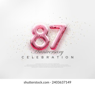 Globos número 87 con números rojos en un fondo rosa brillante. Vector premium para afiches, banner, saludo de celebración.