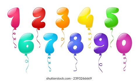 Globos en formas numéricas para feliz cumpleaños, fiesta de aniversario o Año Nuevo. Decoración navideña con globos de dígitos coloridos con cintas aisladas en fondo blanco, conjunto de dibujos animados vectoriales