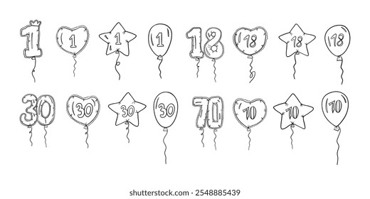 Balloons with numbers 1, 18, 30, 70  in different shapes  in outline style