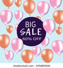 Balloons on blue background. Big sale template with balloons. 