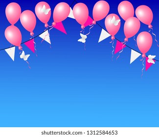 Balloons on blue background. Greeting card vector EPS10. Birthday concept. Copy space. Mockup for design. 