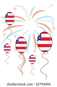 Balloons on firework background for independence day. Vector illustration.