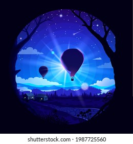 Balloons on the starry sky. Balloon silhouette. Night landscape. Vector illustration. Mountain view from the village. EPS 10.