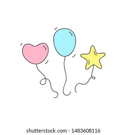Balloons on string colorful vector illustration. Heart, ellipse and star shaped balloons. Hand drawn isolated, outlined icon, sticker.