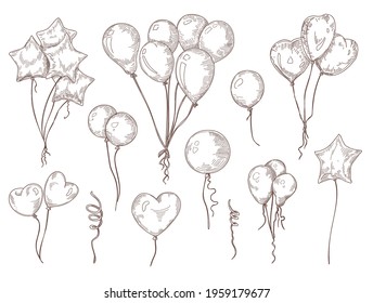 Balloons on string hand drawn illustrations set. Bunch of birthday, carnival balloons for decoration or design in retro or grunge style. Celebration, festival or birthday party concept