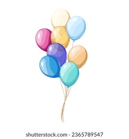 Balloons on strings vector illustration. Cartoon isolated multicolor inflatable balloons bunch flying on happy birthday party, anniversary or wedding day, bright festive decoration and holidays gift