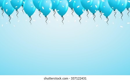 balloons on the top with falling confetti and blue background