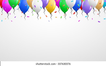 balloons on the top with falling confetti and gray gradient background