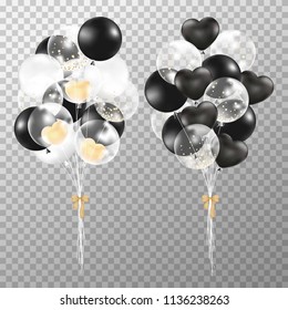 Balloons on transparent background. Realistic glossy black, golden and transparent balloon vector illustration. Party balloons decorations wedding, birthday, celebration and anniversary. 