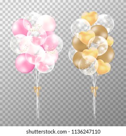 Balloons on transparent background. Realistic glossy pink, golden and white transparent balloon vector illustration. Party balloons decorations wedding, birthday, celebration and anniversary. 