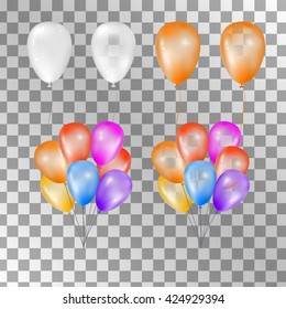 Balloons on transparent background. Vector set for greeting cards. Bunch of balloons isolated. Red orange yellow blue purple raspberry balloons. 3d design.