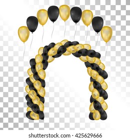 Balloons on transparent background. Vector set for greeting cards. Arch of balloons isolated. Gold and black balloons. 3d design.