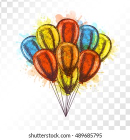 Balloons on transparent background. Vector sketch for greeting cards. Bunch of balloons isolated. Yellow red orange blue balloons. Doodle design. Retro vintage style. Watercolor spots.