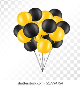 Balloons on transparent background. Vector set for greeting cards. Isolated bunch of balloons with strings. Clipart for holydays. Gold and black colors. 3d design.