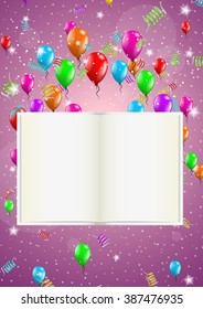 balloons and open book on blue backgroudn