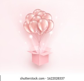 Balloons with open gift box postcard. Golden rose helium flying baloons on pink background. Vector surprise ballons for Happy Mother's, Valentine's Day or birthday greeting card design.