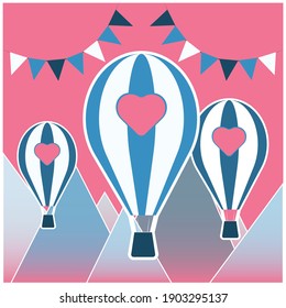 Balloons over the mountains. Valentine's day card.